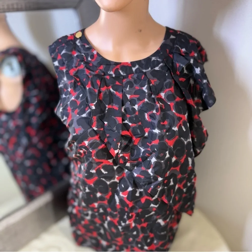 Michael Kors Black and Red Ruffled Cap Sleeve Blouse